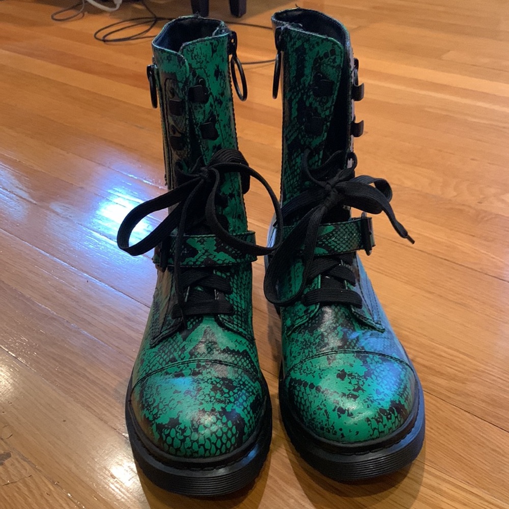 Current Mood Clothing Green Combat Boots Snakeskin Biker Moto Shoes Dolls Kill - Picture 9 of 13